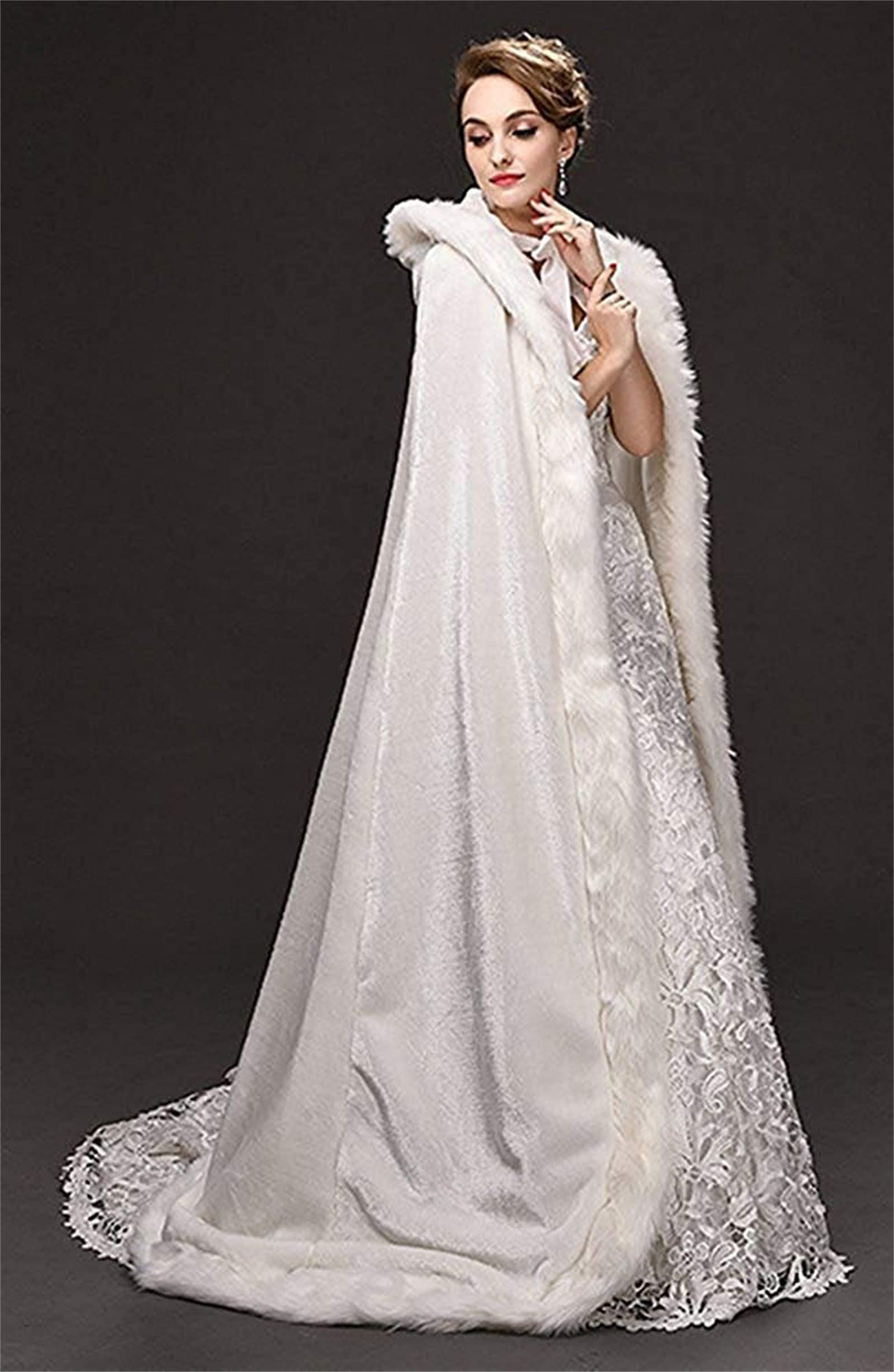 Mantello da sposa bianco con cappuccio in pelliccia sintetica mantello da sposa invernale da donna Poncho lungo bianco con bordo in pelliccia