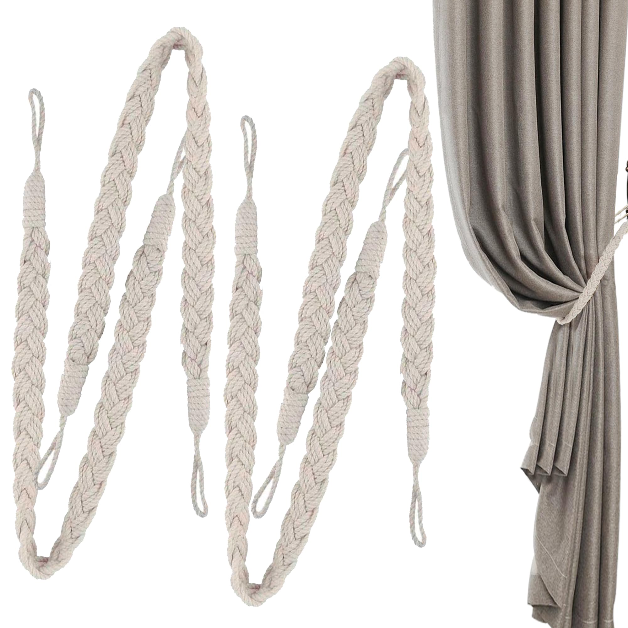 4PCS Natural Cotton Rope Curtain Tiebacks, Hand Knitting Curtains Tied Rope Tie Backs, Boho Style Decorative Drape Tie, Soft Rope Curtain Holdbacks for Home and Office Drapery(Beige)