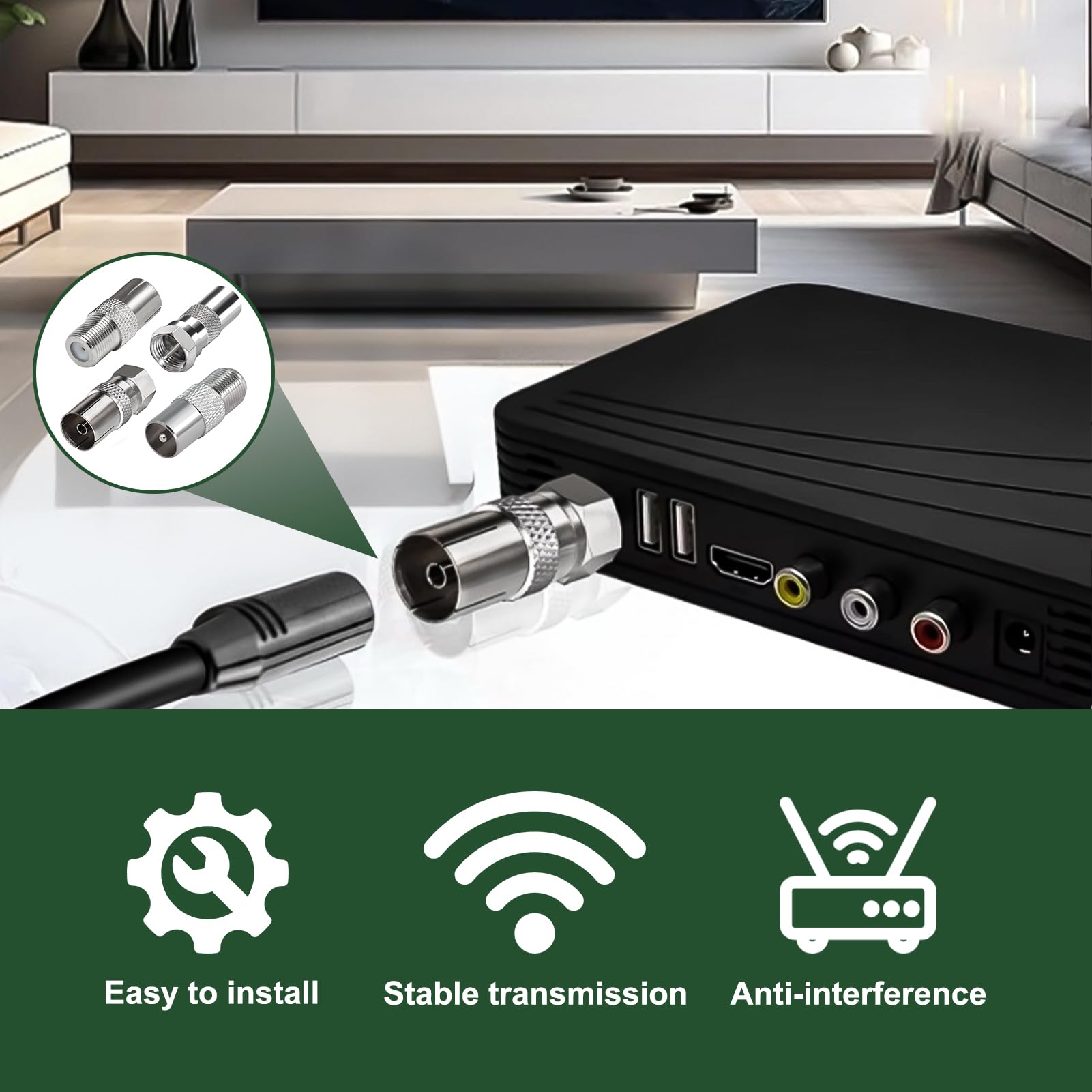 4 Pièces Adaptateur d’Antenne TV F Mâle vers Femelle, Adaptateur Coaxial TV, Connecteur Coaxial RF Nickelé pour Câble Satellite TNT Modem Routeur Récepteur, Raccord Antenne Murale Audio Vidéo
