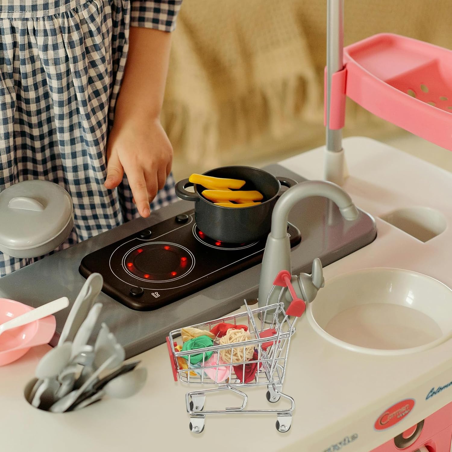 PATIKIL Mini Shopping Cart, Tiny Shopping Cart Trolley Miniature Grocery Supermarket Handcart Small Basket with Wheels for Pretend Play Storage Store Gift, Pink