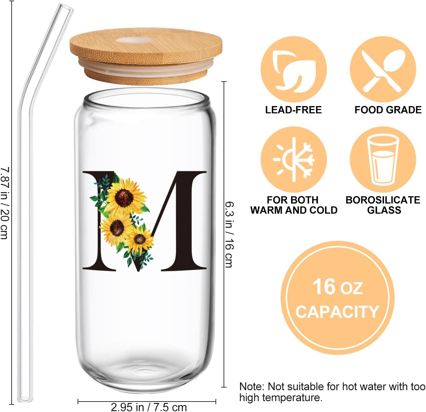 Birthday Gifts for Women, Initial Glass Cups w Lids and Straws, Sunflower Gift for Women, Personalized Gift, 16oz Glass Tumbler Cups W/Straw Lid, Monogrammed Birthday Gifts for Her Mom - M - Image 2