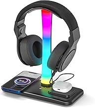 Padwa Lifestyle Gaming Headset Holder, Gaming Headset Holder with 7 Lighting Modes, Headphone Holder with 1 USB Port and 2 Type-C Ports, Headphone Stand with Wireless Charging