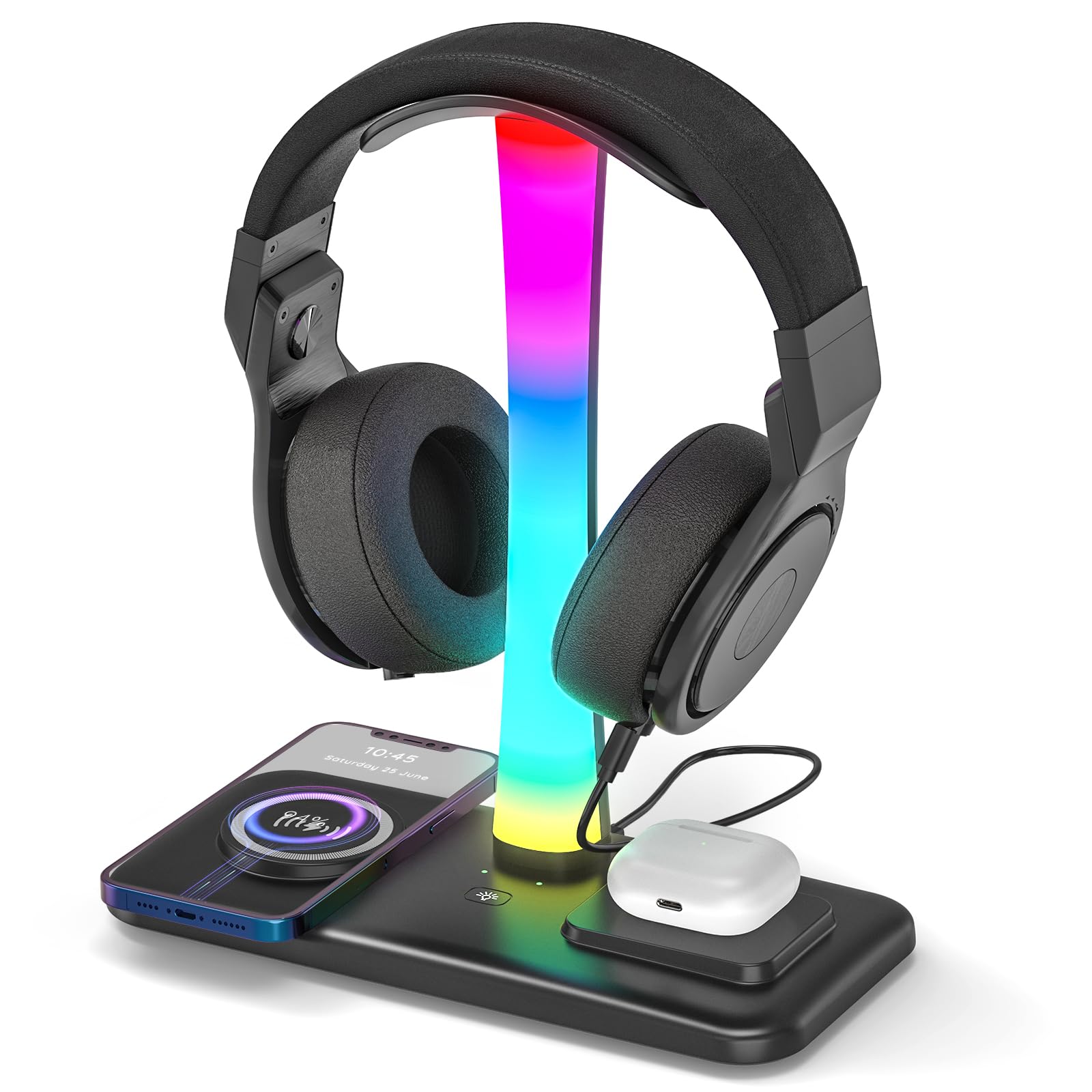 Padwa Lifestyle Support pour Casque Gaming, Porte Casque Gaming avec 7 Modes d'éclairage, Support pour Casque avec 1 Port USB et 2 Ports Type-C, Support Casque avec Chargement sans Fil