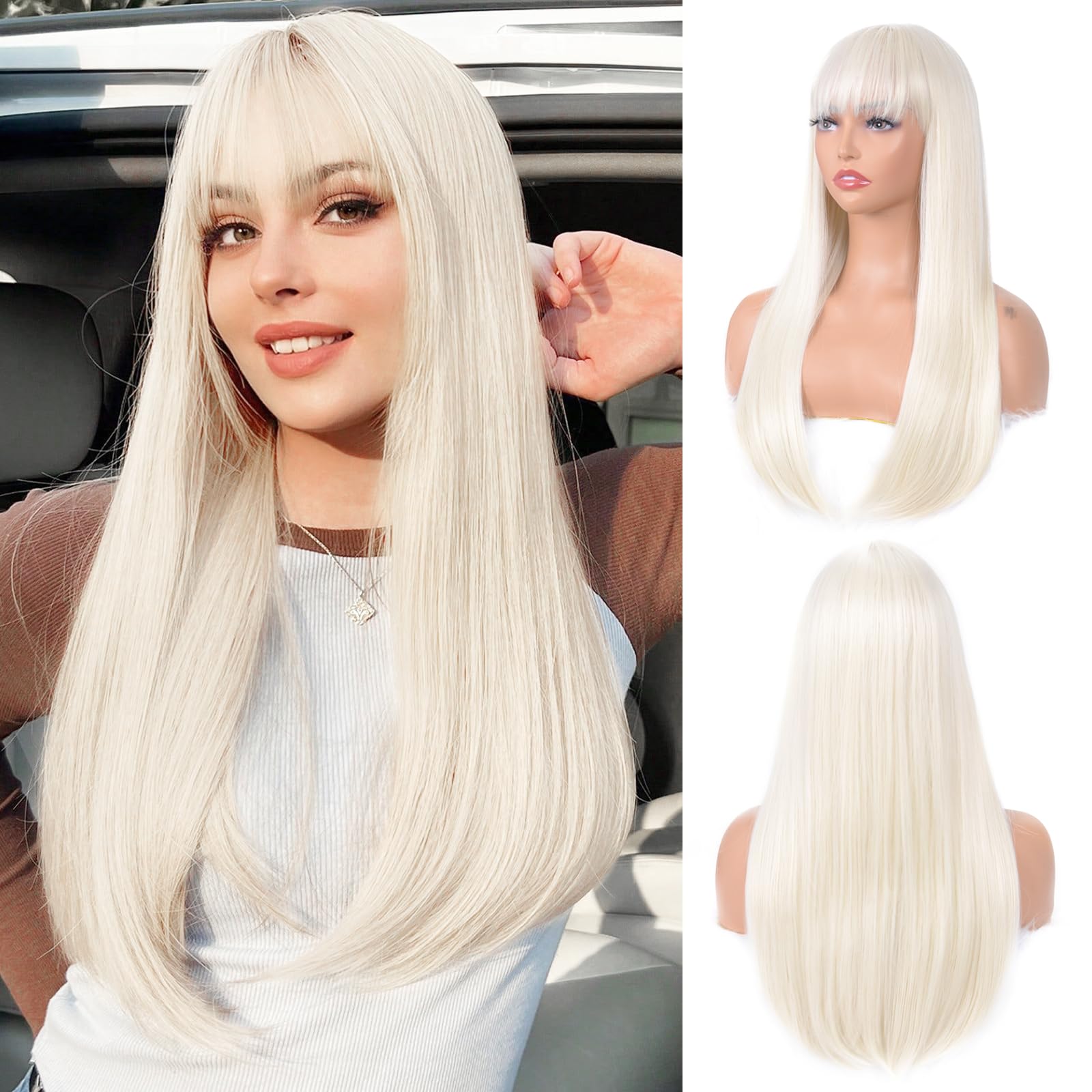 Aida ble Platinum Blonde Wig with Bangs Long Straight Blonde Wig for Women Heat Resistant Synthetic Wig for Girls Daily Use Party Halloween Cosplay