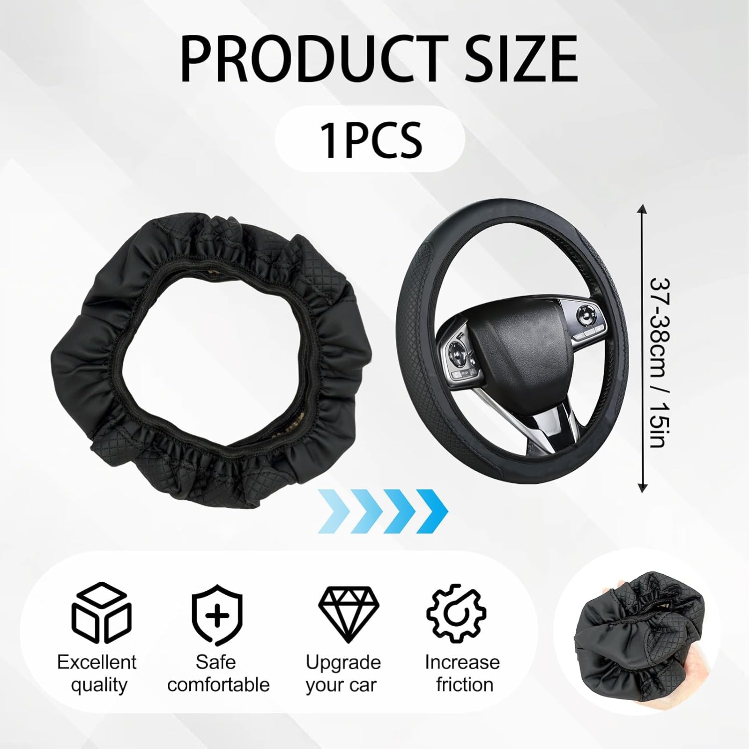 Black Leather Steering Wheel Covers - Soft Microfiber, Anti-Slip, Breathable, Universal Size 37-38cm (14.5-15in), Comfortable & Durable, Stylish Car Interior Accessory