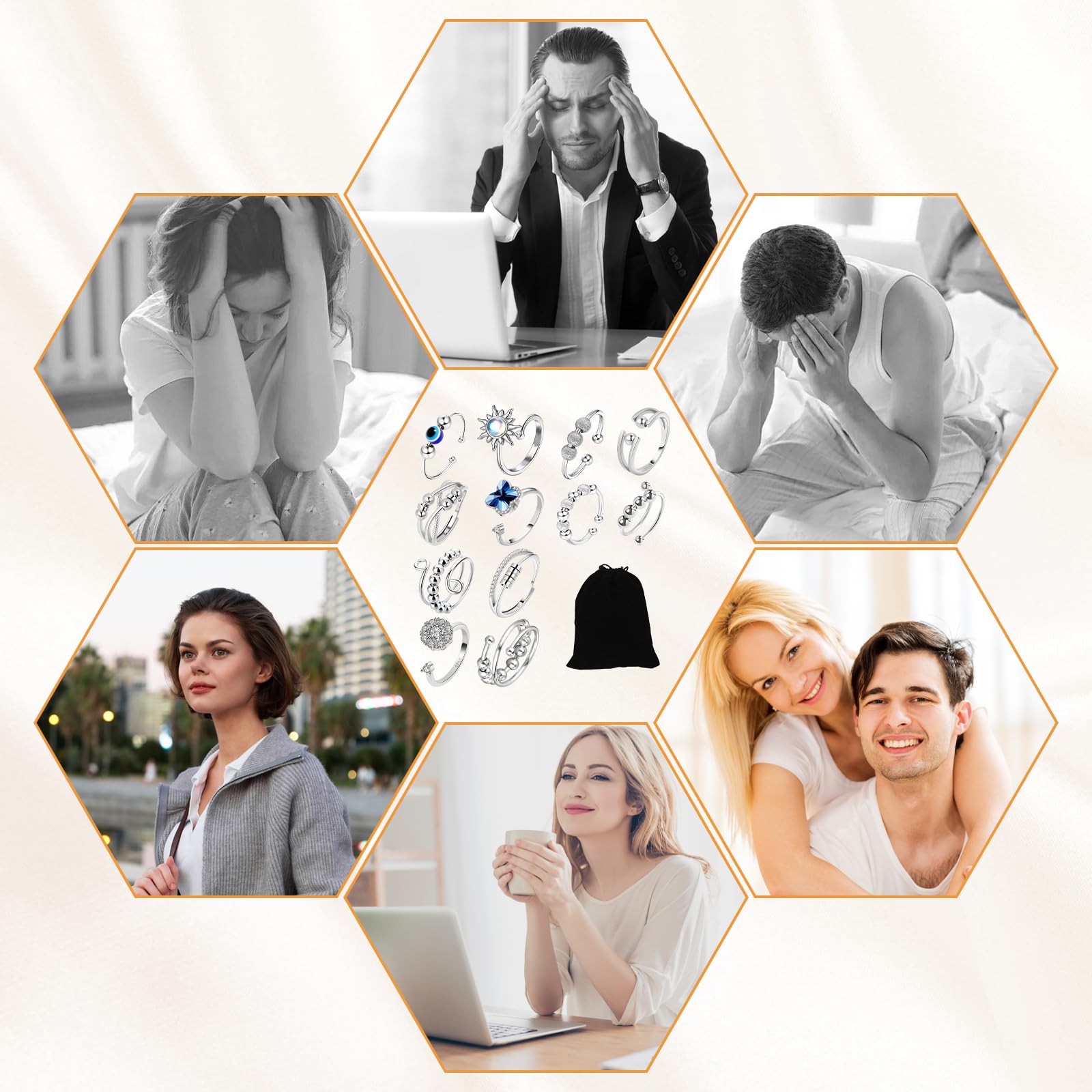 Lot de 12 anneaux anti-stress réglables pour soulager le stress et l'anxiété - Unisexe - Avec pochette en velours noire