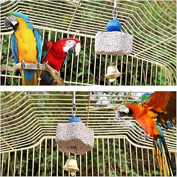 4PCS Bird Teeth Grinding Chew Treats Toy with Bell Beak Grinding Stones Toys Parrot Cages Training Hanging Chew Toys Bird Cage Accessories for Parakeets