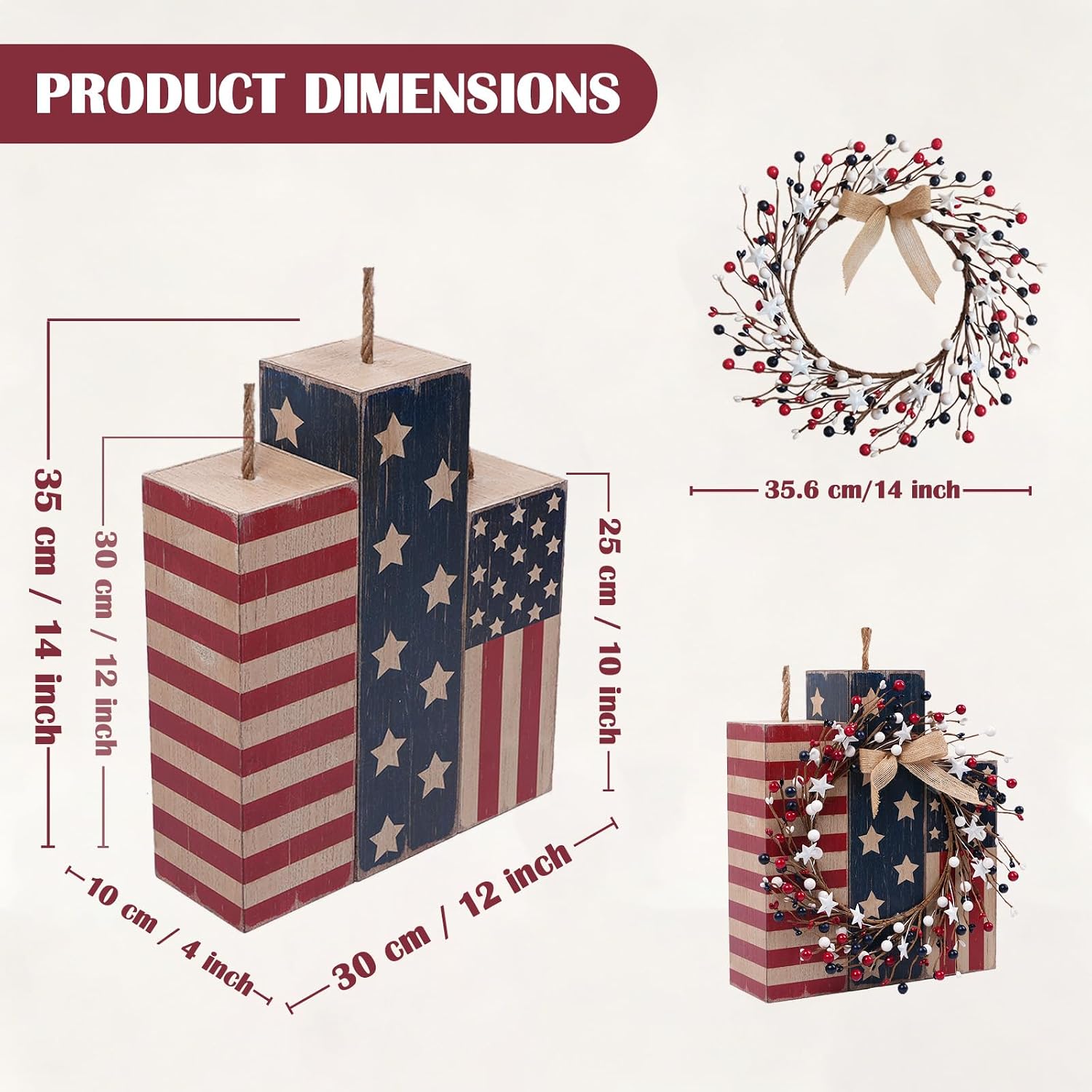 Idyllic 14 Inch Patriotic Wreath and Wooden Tabletop Decor Set, Red White Blue Patriotic Decorations for 4th of July, Memorial Day, Veterans Day, Front Door Wall Fireplace Home Decor