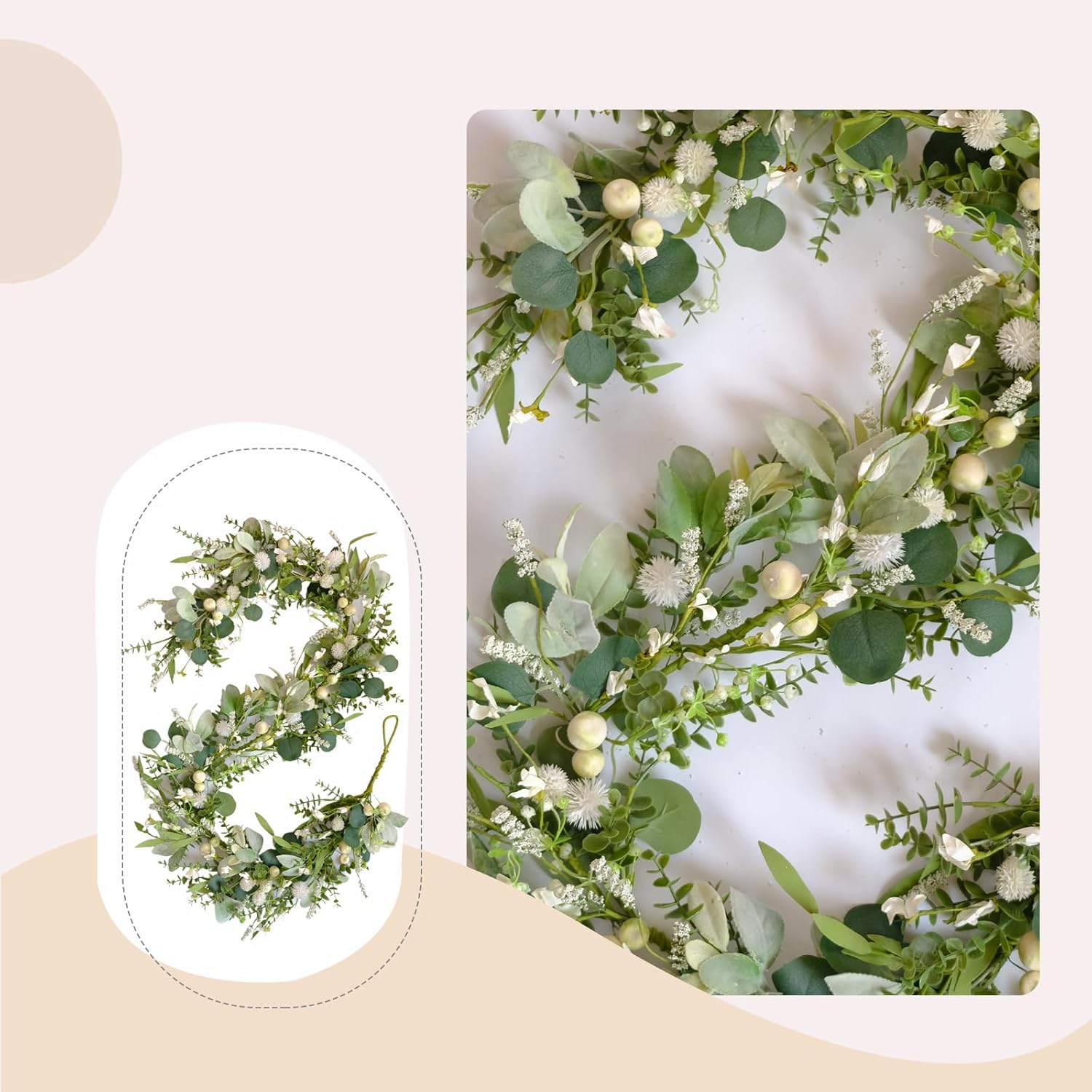 70-inch Spring Garland Green Eucalyptus Leaves with White Fruits Thorns Garland Spring Summer Vine for Front Door Fireplace Dining Table Home Decor, Wedding Arch Party Festival Decor