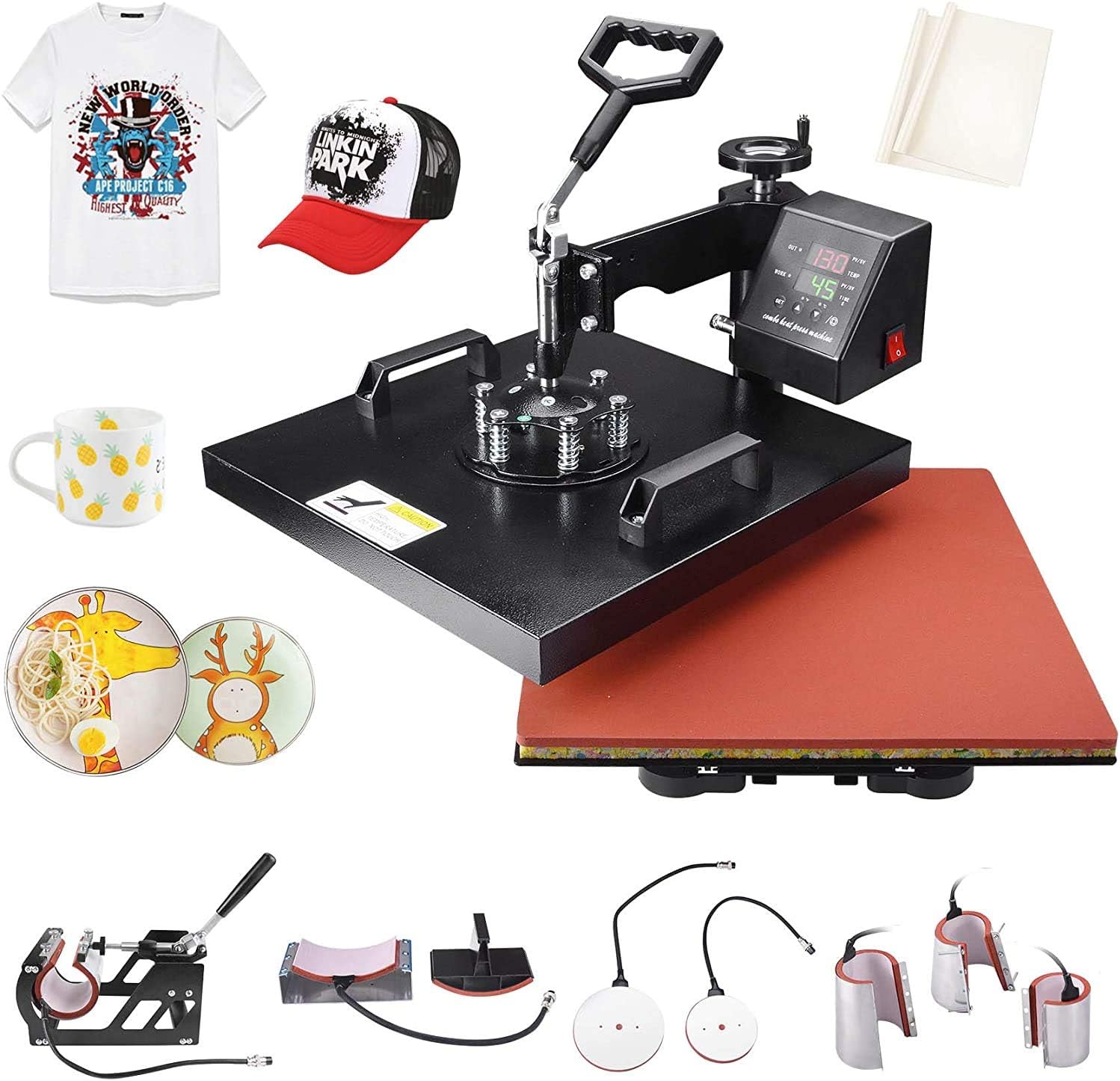 Seeutek 8 in 1 Power Heat Press Machine 15" X 15" Professional Swing Away Heat Transfer Digital Sublimation 360-Degree Rotation Multifunction Combo for T-Shirt Mugs Hat Plate Cap