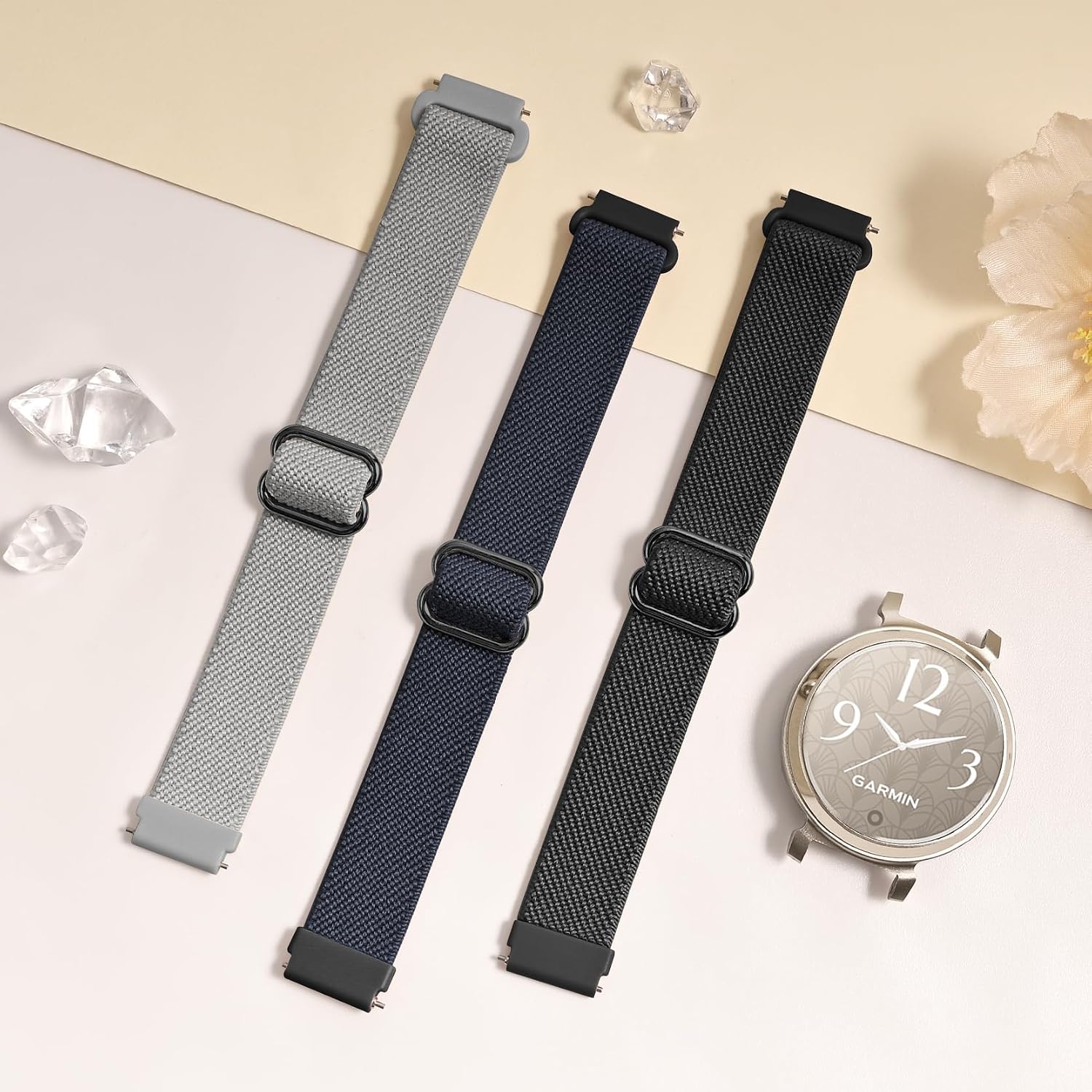 3 Pack Nylon Bands Compatible with Garmin Lily 2, 14mm Elastic Nylon Soft Loop Straps Quick Release Replacement Adjustable Wristband for Lily 2 Classic/Active Smart Watch Accessory for Women