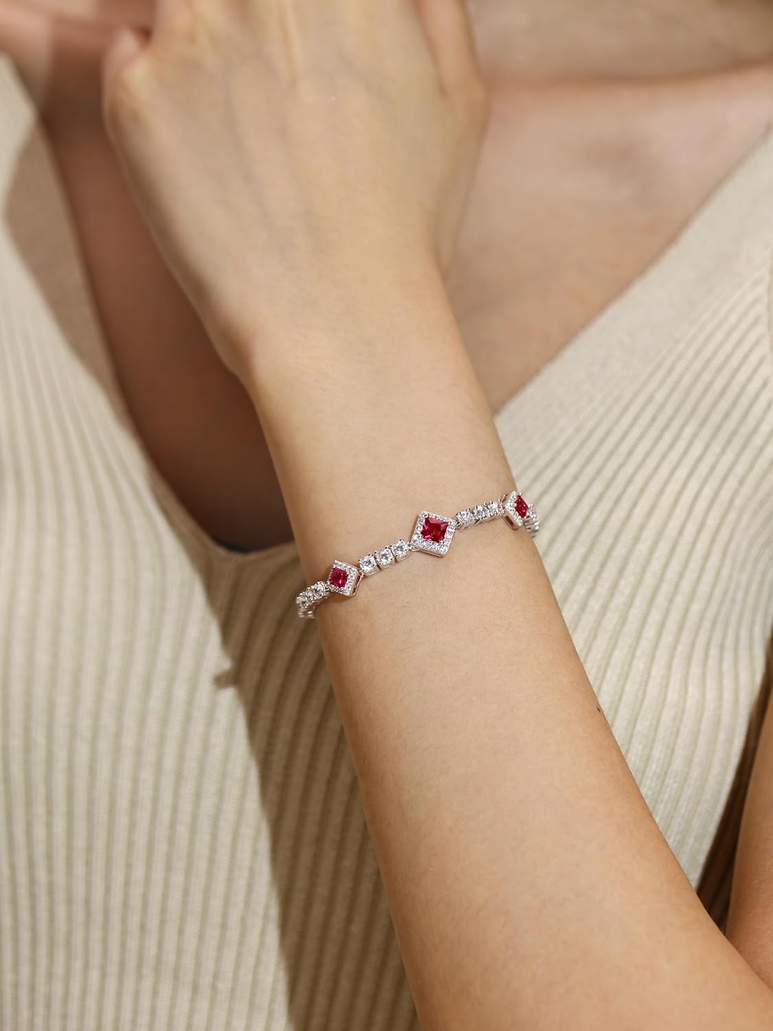 FANCIME Birthstone Bracelets 4mm Sterling Silver Tennis Bracelets Square Gemstone Birthday Fine Christmas Jewelry Gifts for Women 7.2" - Image 2