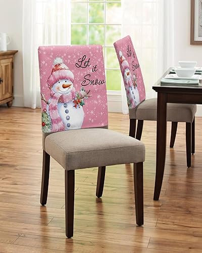 Miniatura 4 de Juego de 4 fundas para sillas de Navidad, diseño de muñeco de nieve rosa, para comedor, diseño de copos de nieve, fundas extraíbles para sillas de
