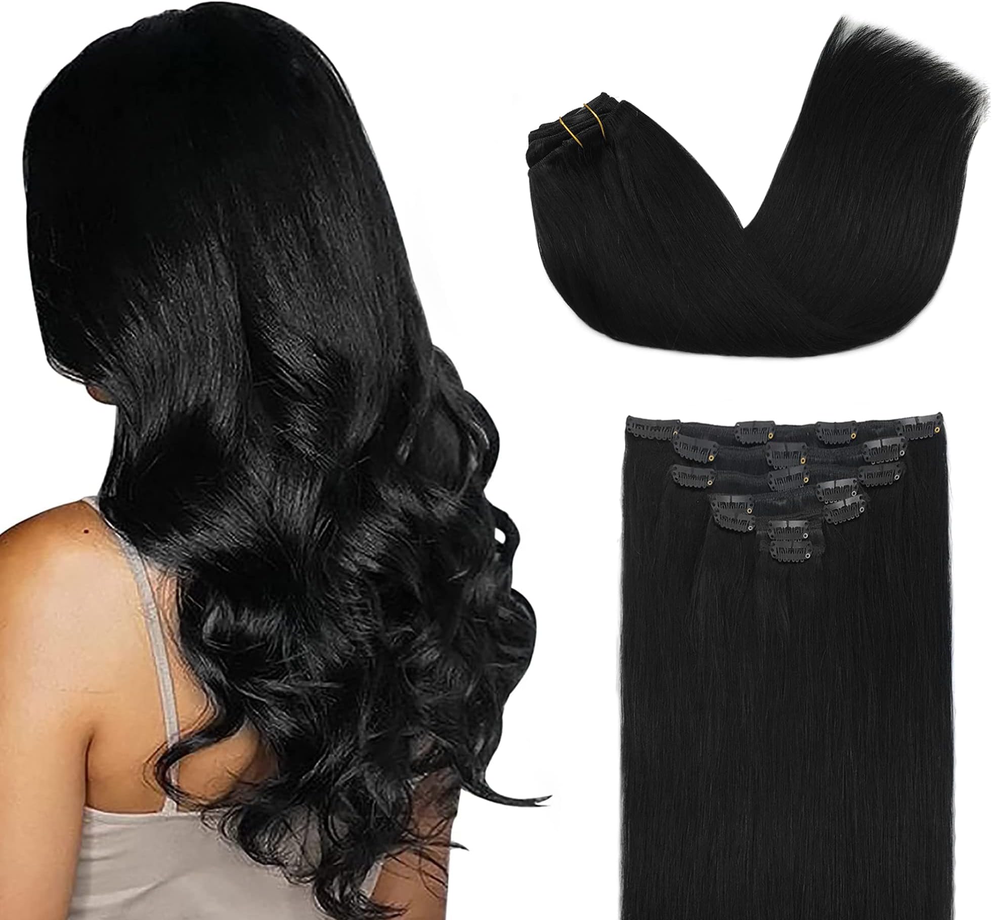 Clip in Hair Extensions Real Human Hair, Remy Human Hair Extensions Clip ins for Women, Natural Human Hair, 22inch 120g 7Pcs, 1 Jet black