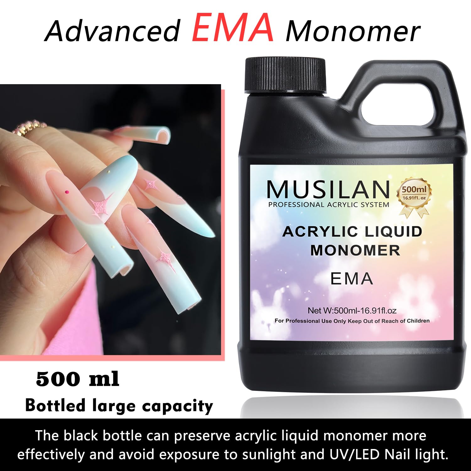 MUSILAN Monomer Acrylic Nail Liquid, Professiona 16.9oz Monomer Liquid for Acrylic Nail Sets and Acrylic Nail System Kit,MMA Free Monomer, Non-Yellowing Acrylic Liquid for Nails Salon DIY & Technician