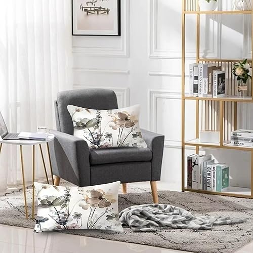 Miniatura 6 de Juego de 2 fundas de almohada florales de 12 x 20 pulgadas, fundas de cojín con diseño de flores de acuarela verde azulado, marrón, crema y gris,