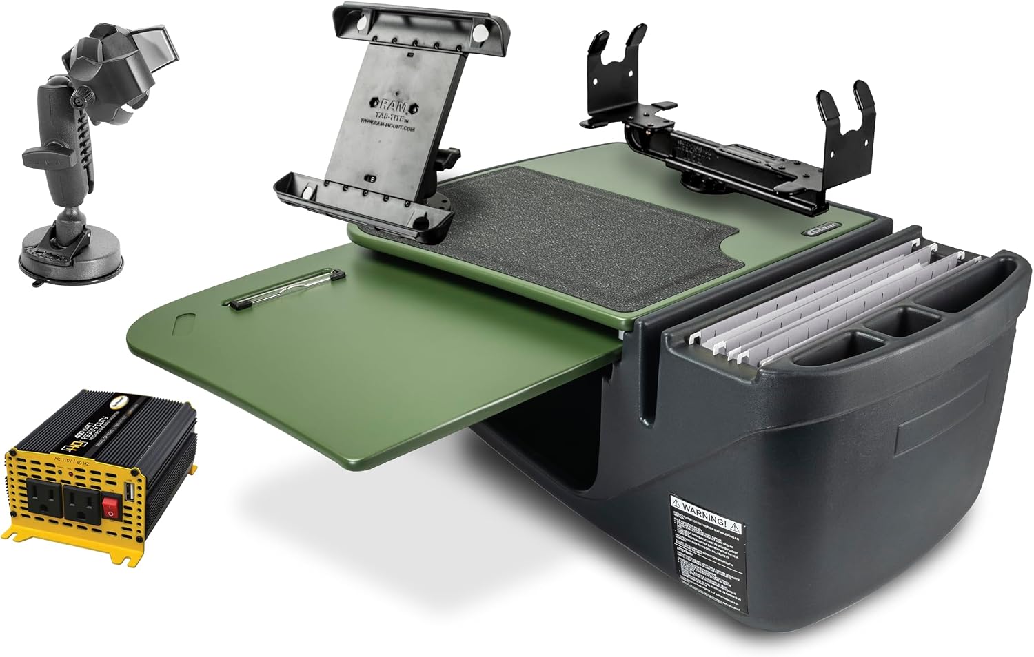 AutoExec GripMaster Car Desk for Your Vehicle Workstation and Mobile Office, Army Green, with 400 watt Power Inverter,Tablet Mount, Printer Stand and Suction Phone Mount