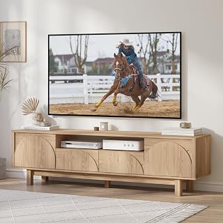 Merryluk TV Entertainment Unit with Arched 2 Doors and 2 Drawers,Modern Entertainment Center with Storage Cabinet and Open Shelves,TV Console Table TV Stand for Living Room, Bedroom and Office