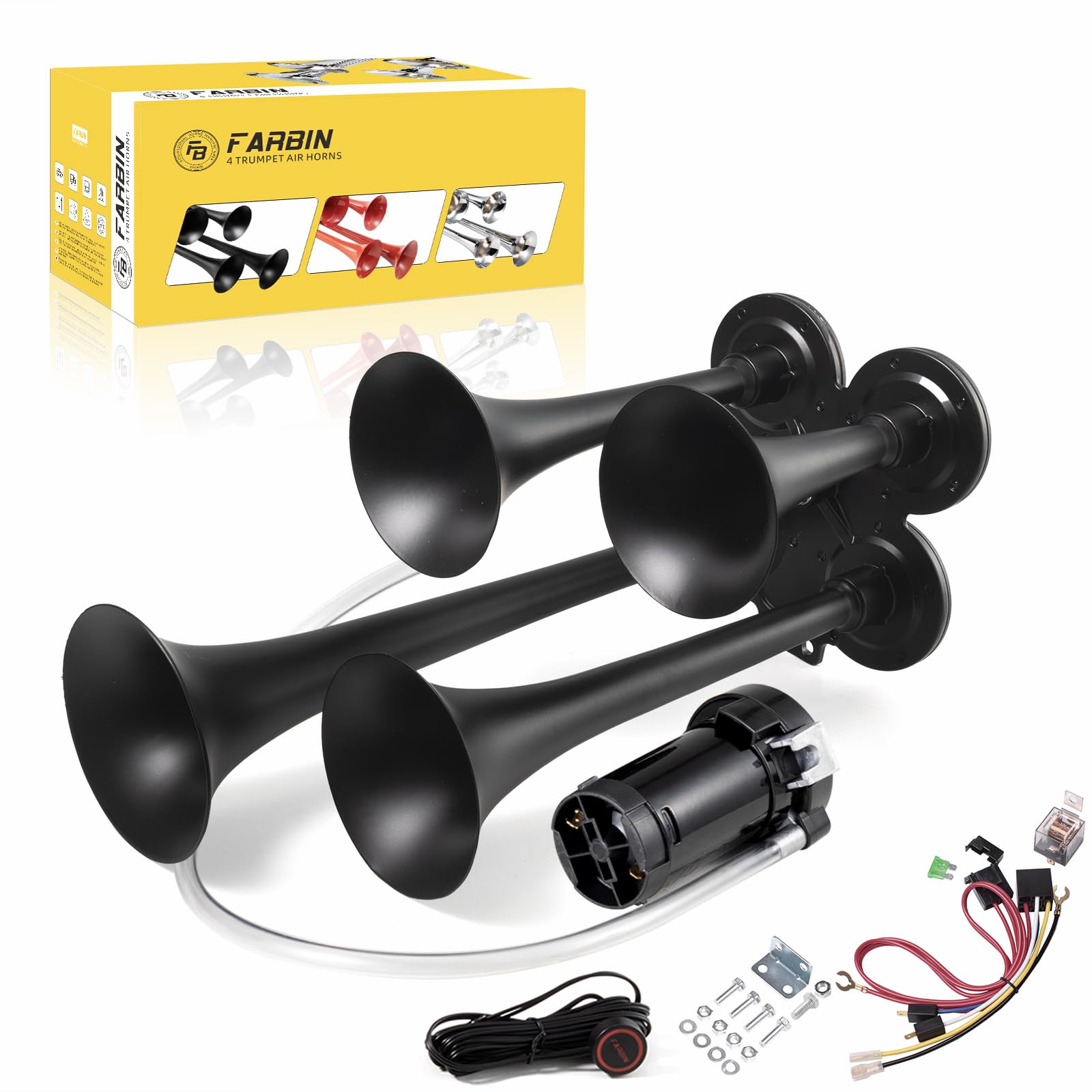 FARBIN Klaxon Camion 12V à 4 Trompettes Klaxon de Train avec Compresseur | Puissant 150dB,klaxons de voiture, universel pour camion pickup jeep SUV train voiture bateau