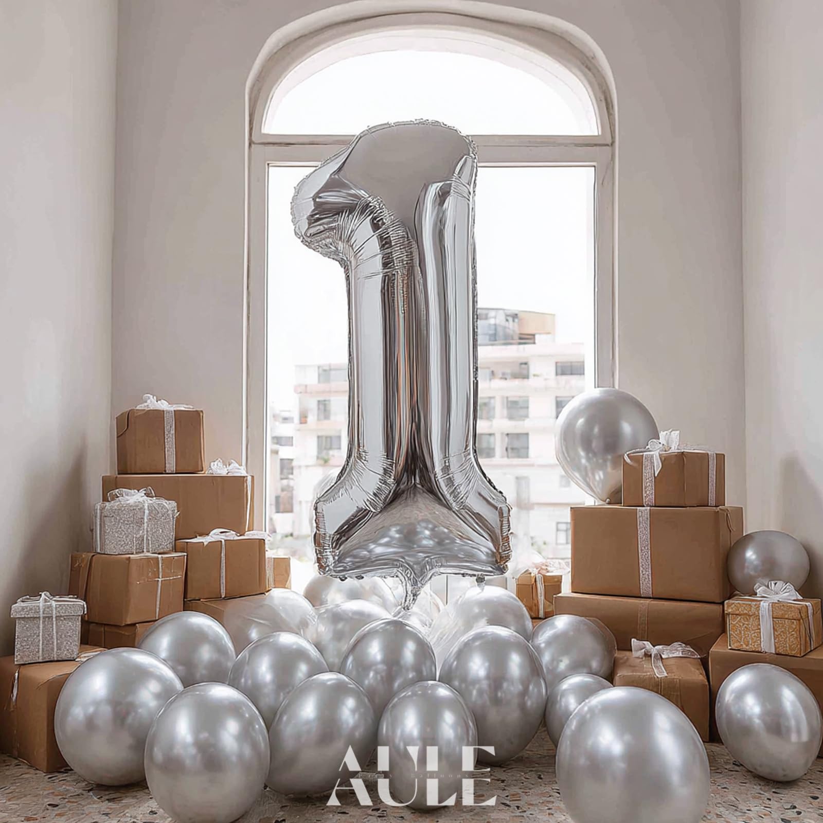 AULE Zahl Luftballon 1 Silber: XXL 101 cm Zahlen Folienballon Geburtstag Silber 1 Jahre Helium Ballon Zahlenballon für Jubiläum Deko