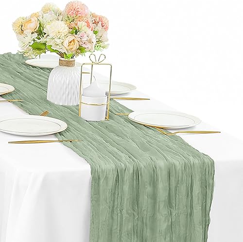Miniatura 53 de 12 piezas de 10 pies de camino de mesa verde salvia de estopilla, 35 x 120 pulgadas de largo, camino de mesa de gasa para mesas, decoración bohemia,