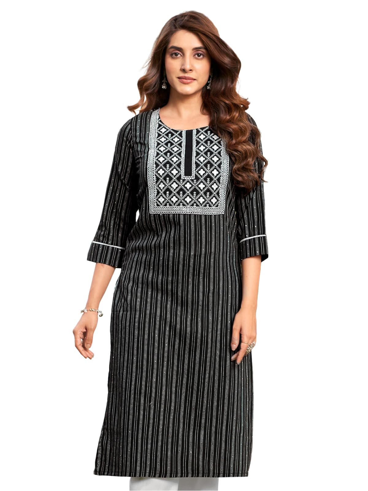 Sanisa Women's Cotton Self Woven Sequence Embroidery Work Straight Kurti (474K10025N-S_Black & White)