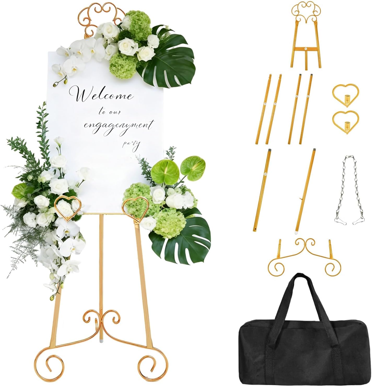 Gold Easel,Golden Adjustable Display Easel Stand with Chain for Sign, Painting, Artwork, Picture Frames, Wedding & Shower Signage and More