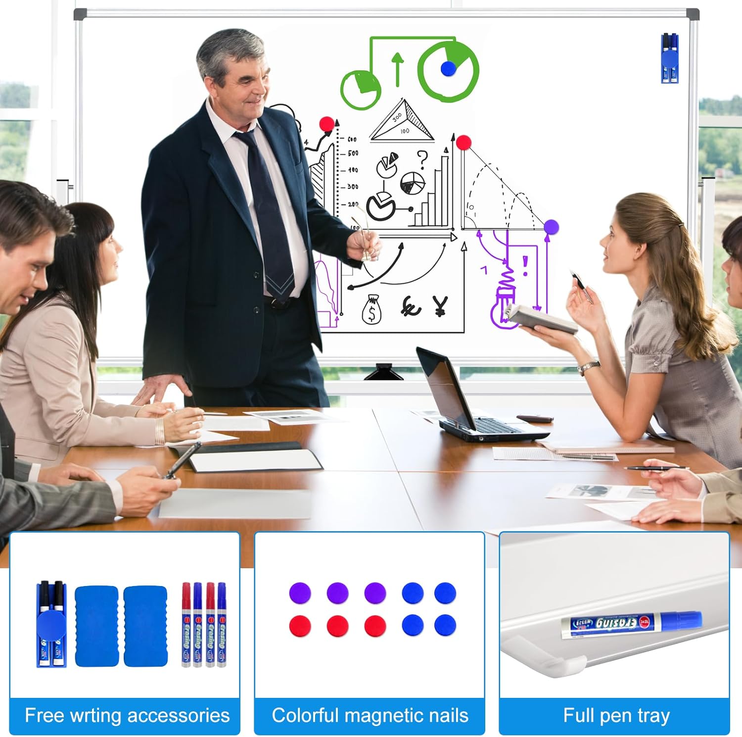 Large Rolling Whiteboard on Wheels 72 X 40, Double-Sided Mobile Dry Erase Board with Stand Magnetic White Board on Wheels, Portable Standing Whiteboard with 3 Eraser, 6 Markers, 10 Magnets