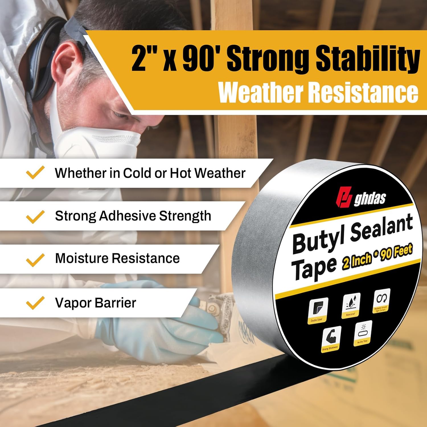 Bghdas - 6 Pack Butyl Sealant Tape 2" X 90' - Double Sided - Black Vapor Barrier Butyl Tape for Wall of Crawl Space, Rv Windows, Deck Boat, Crawlspace (Waterproof, Weatherproof)
