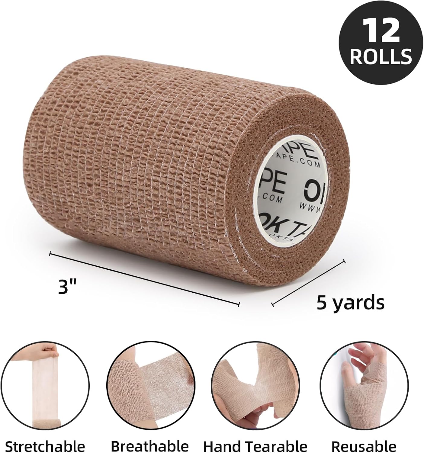 OK TAPE Self Adherent Cohesive Bandages Wrap - 12Packs, 3" x 5 Yards, Non-Woven Self Adhesive Bandage Wrap for Thumb, Finger, Wrist, Ankle, Vet Wrap Bandages Tape (Mixed Colors) - Image 2