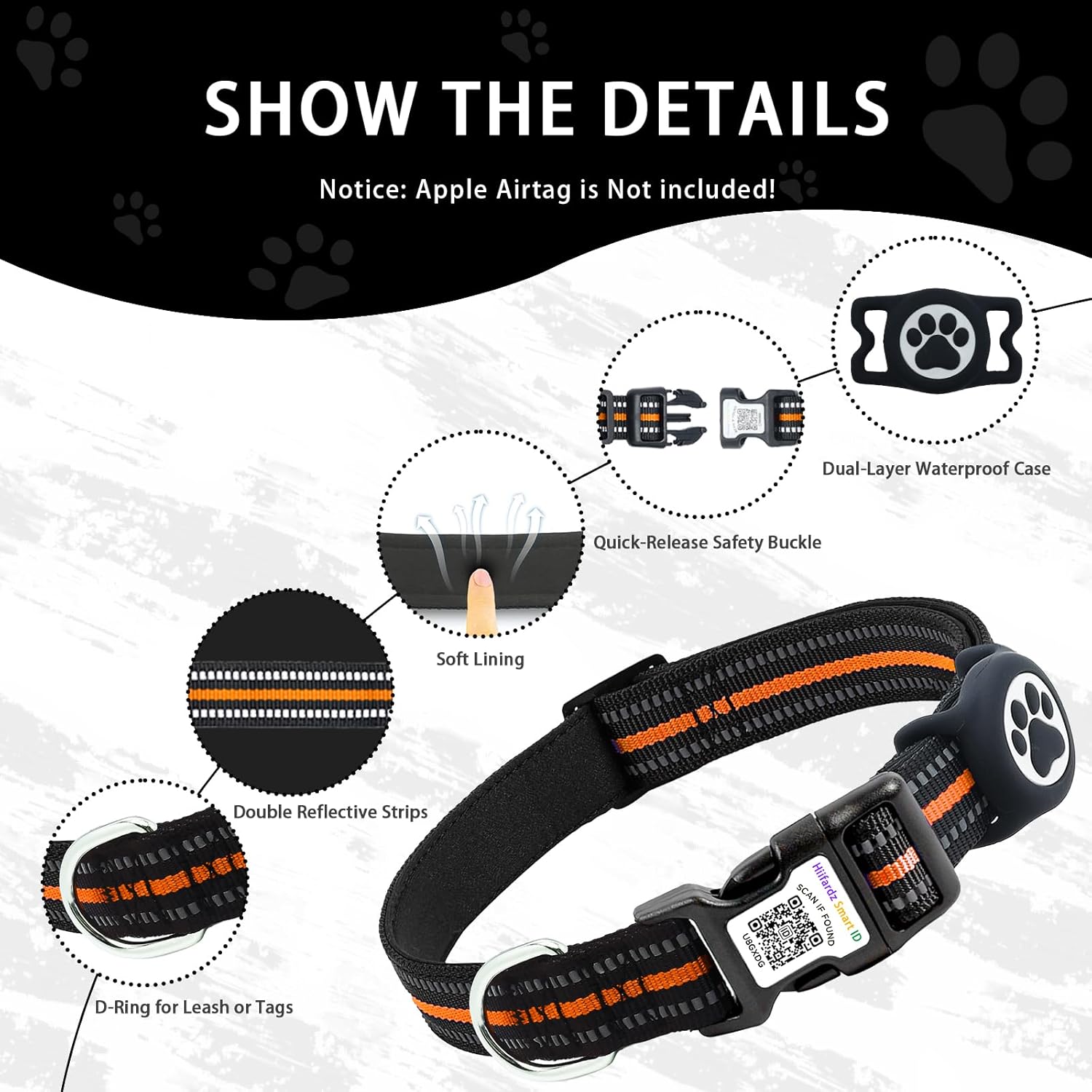 Airtag Dog Collar with QR Code Tag - Reflective Adjustable Nylon Collar, Quick Release Buckle for Small Medium Large Dogs, Comfortable Padded Lining (Orange, S)