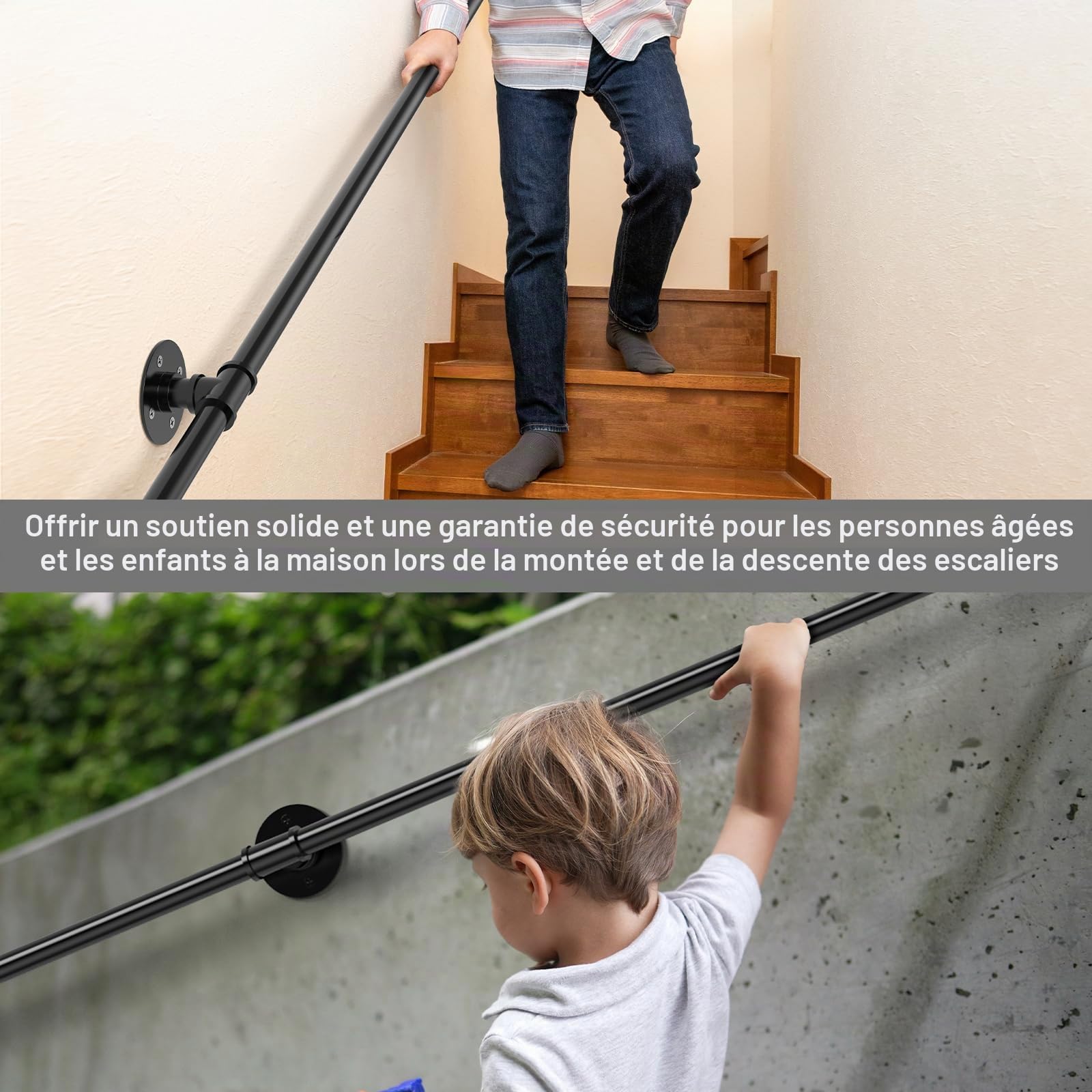 3M Main courante d'escalier pour intérieur et extérieur, rampe antidérapante en fer forgé avec design industriel, Main courante d'escalier murale de sécurité robuste pour personnes âgées, handicapés