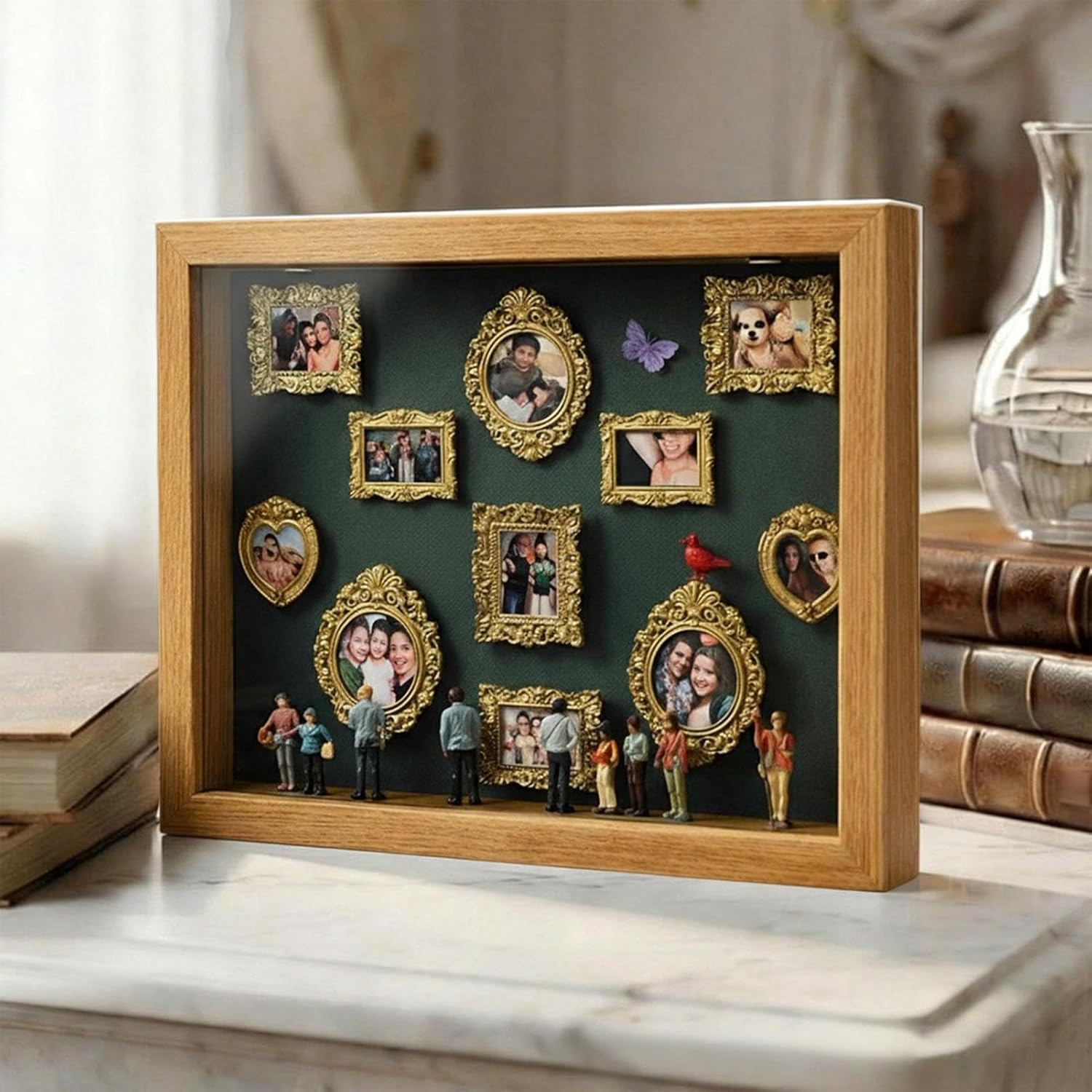 Mini Museum Box, 31.4x22.7x3.7cm Wood Frame Light Up Display with Figurines DIY Photo Memory Frame for Home, Office, Desk, Party, Festival Decoration