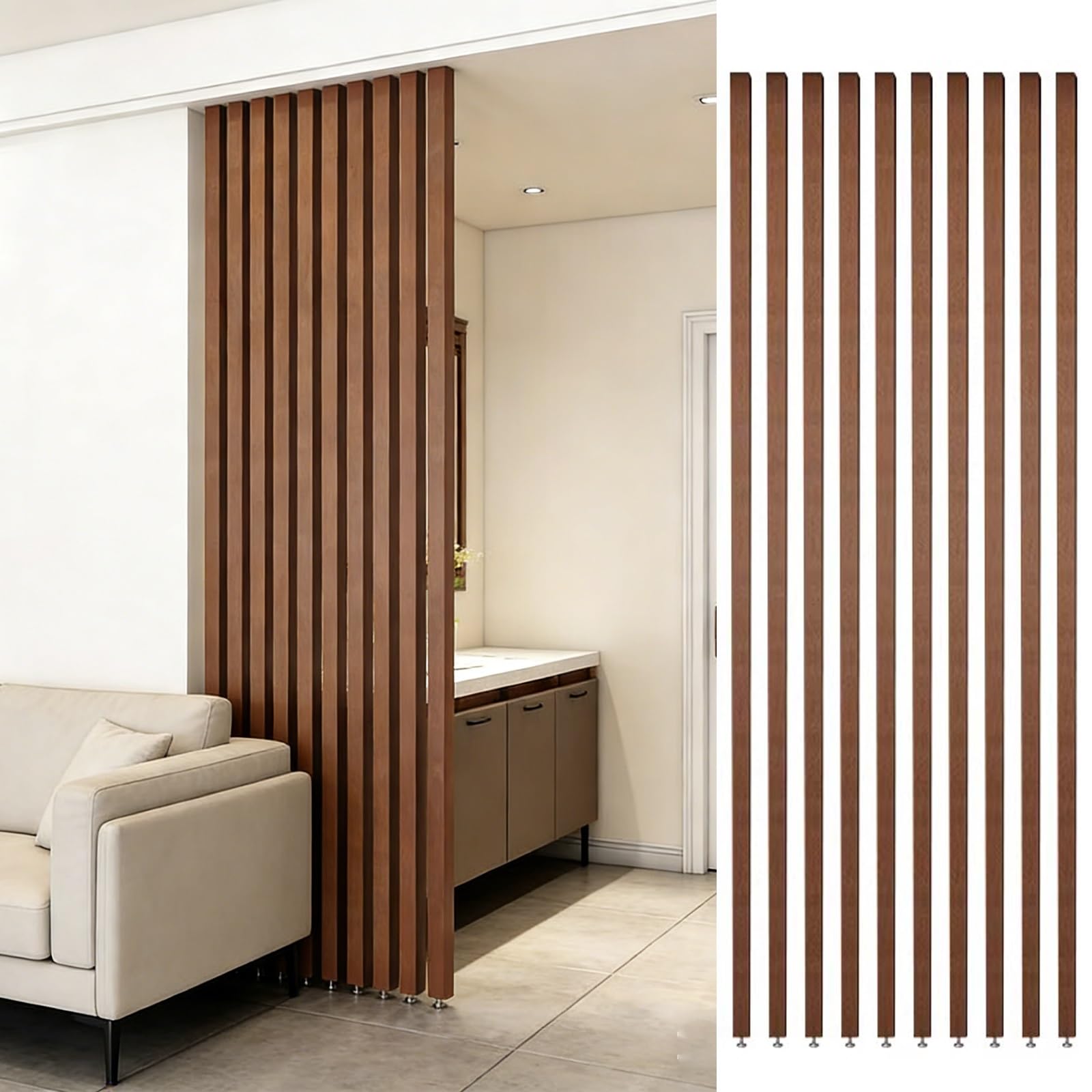 Divisor de Listones de Madera Independiente de Piso a Techo, Pantalla de privacidad Ajustable for pasillos y escaleras(160cmx10pack)