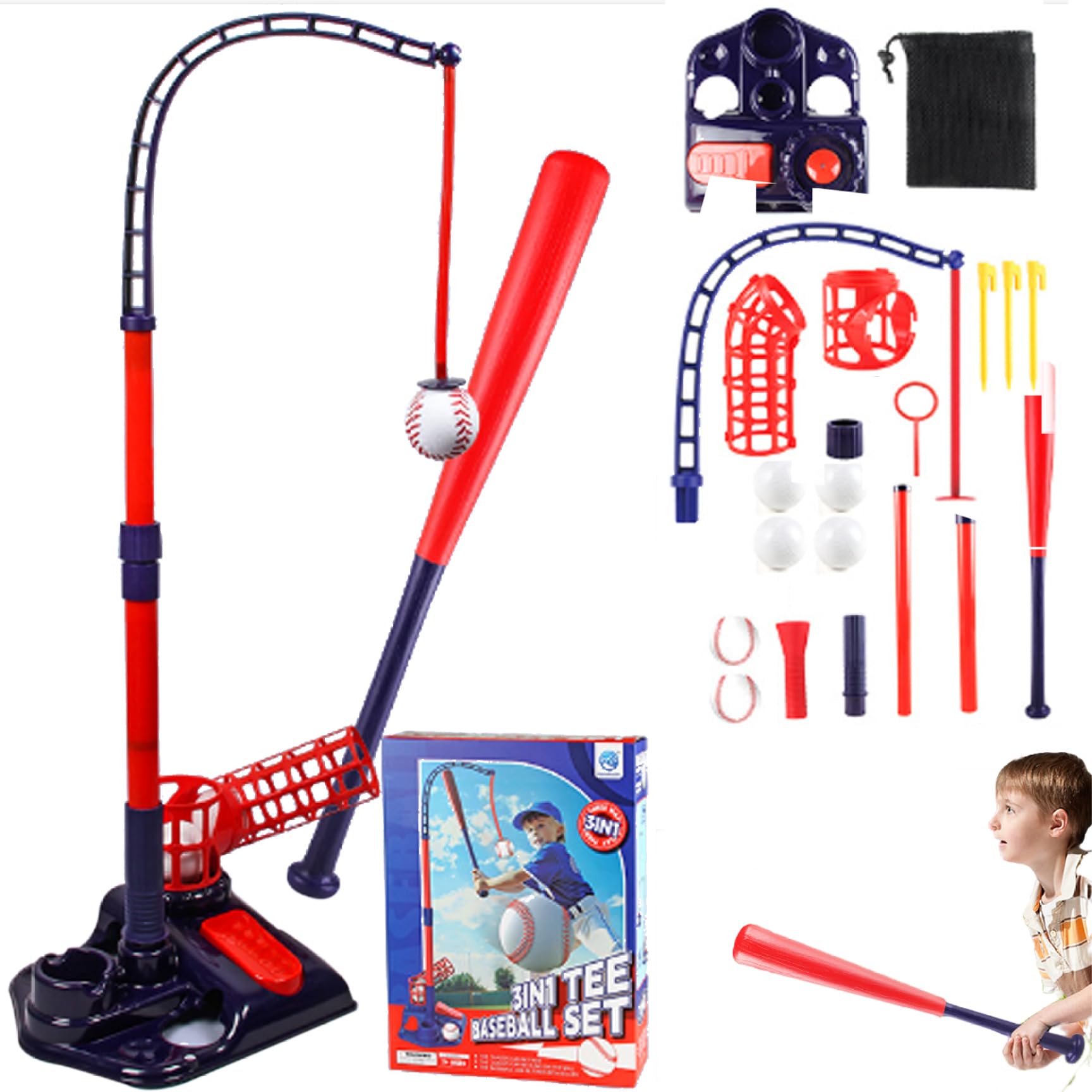 Jorzer Tee Ball Set, 3-en-1 Tee Popper Set avec Machine à tangage, battage de Baseball rétractable au bâton réglable ＆ 4 balles, Popper pour Les Cadeaux pour Enfants