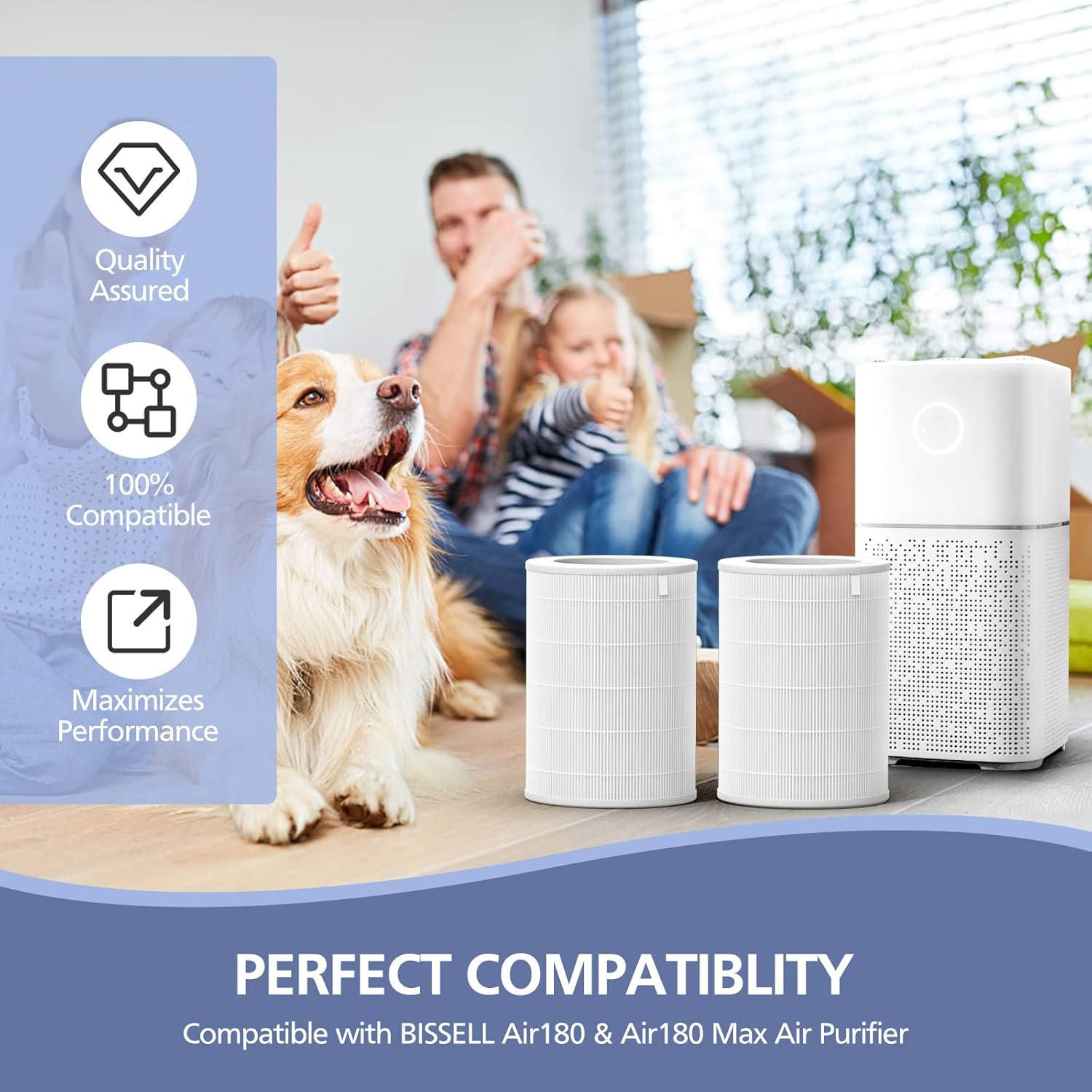 Air180 Replacement Filter, Compatible with BISSELL Air180 and BISSELL Air180 Max Air Purifie-r, 3-IN-1 Filtration Compare to 3502 filter, 2 Pack