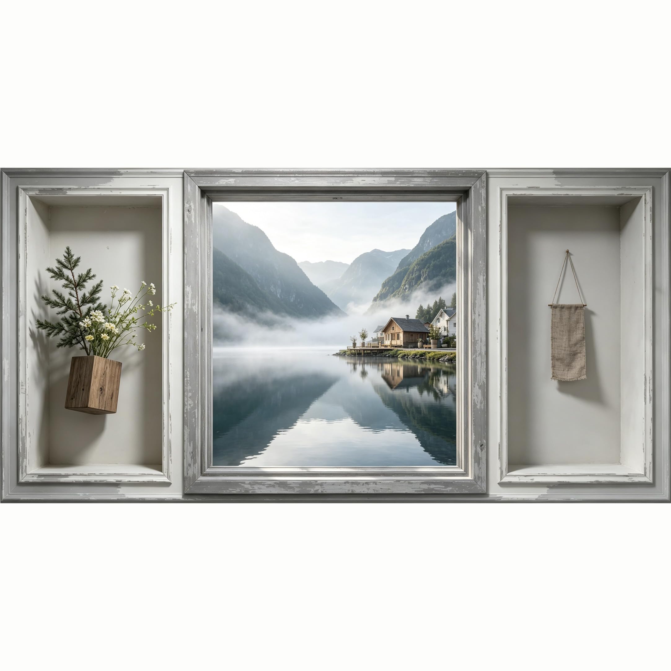 QZLITHOTIC 50x100cm 3D Framed Wall Art， Misty Mountain Lake Cabin Landscape Self‑Adhesive Mural， Water‑Activated Peel & Stick Fabric Decor Wall Decal for Bedroom Living Room