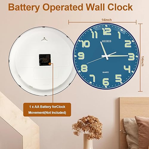 Miniatura 5 de MEIRED Reloj de pared con luz nocturna de 14 pulgadas, silencioso sin tictac, funciona con pilas, brilla en la oscuridad, pantalla digital grande,