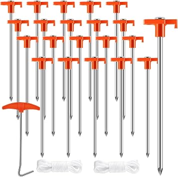 smilixin 23 Pack Tent Stakes Heavy Duty,10 Inch Non-Rust Metal Tent Pegs Camping Stakes,Ground Stakes Tent Spikes for Camping,Garden,Hiking,Grassland,with 1 Pcs Hooked Head & 2 Pcs 10FT Ropes
