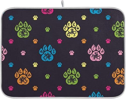 Colourful Dog Paw Prints Dish Mat Drying Pads For Kitchen Counter Rubber Mat Countertop Tapete Para Cocina 16'' x 18''