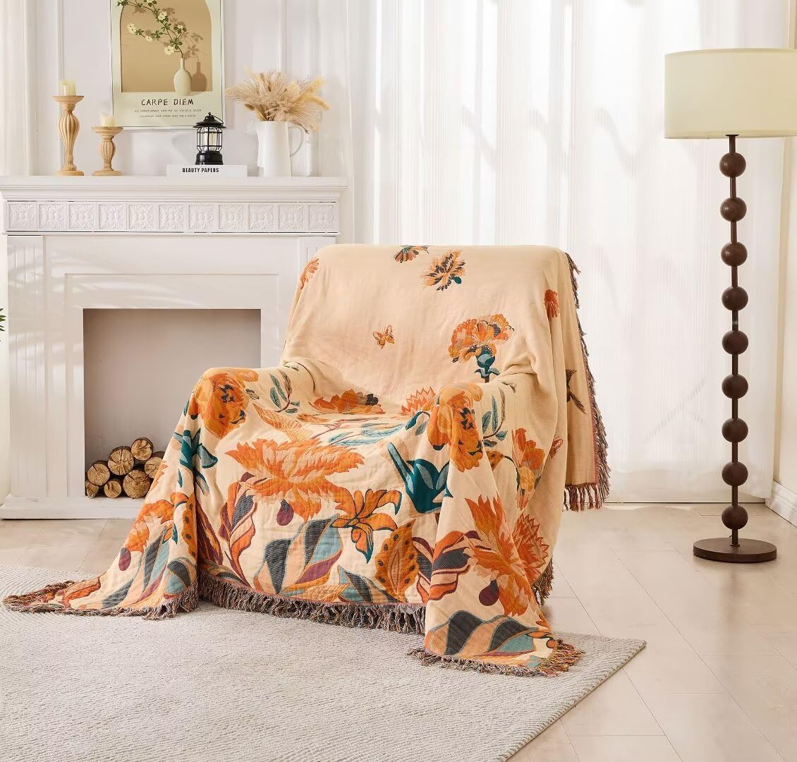 Boho Throw Blanket for Couch Sofa 60"x80",100% Cotton Muslin Fall Throw Blanket for Bed,Ultra Soft 4-Layers Woven Blanket with Floral Printed for All Season,Farmhouse Throws Bed Chair Cover - Image 4