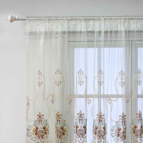 Miniatura 6 de Cortinas traslúcidas de lujo europeas de 96 pulgadas de largo para dormitorio, paneles de cortina de gasa semitransparentes bordados florales,