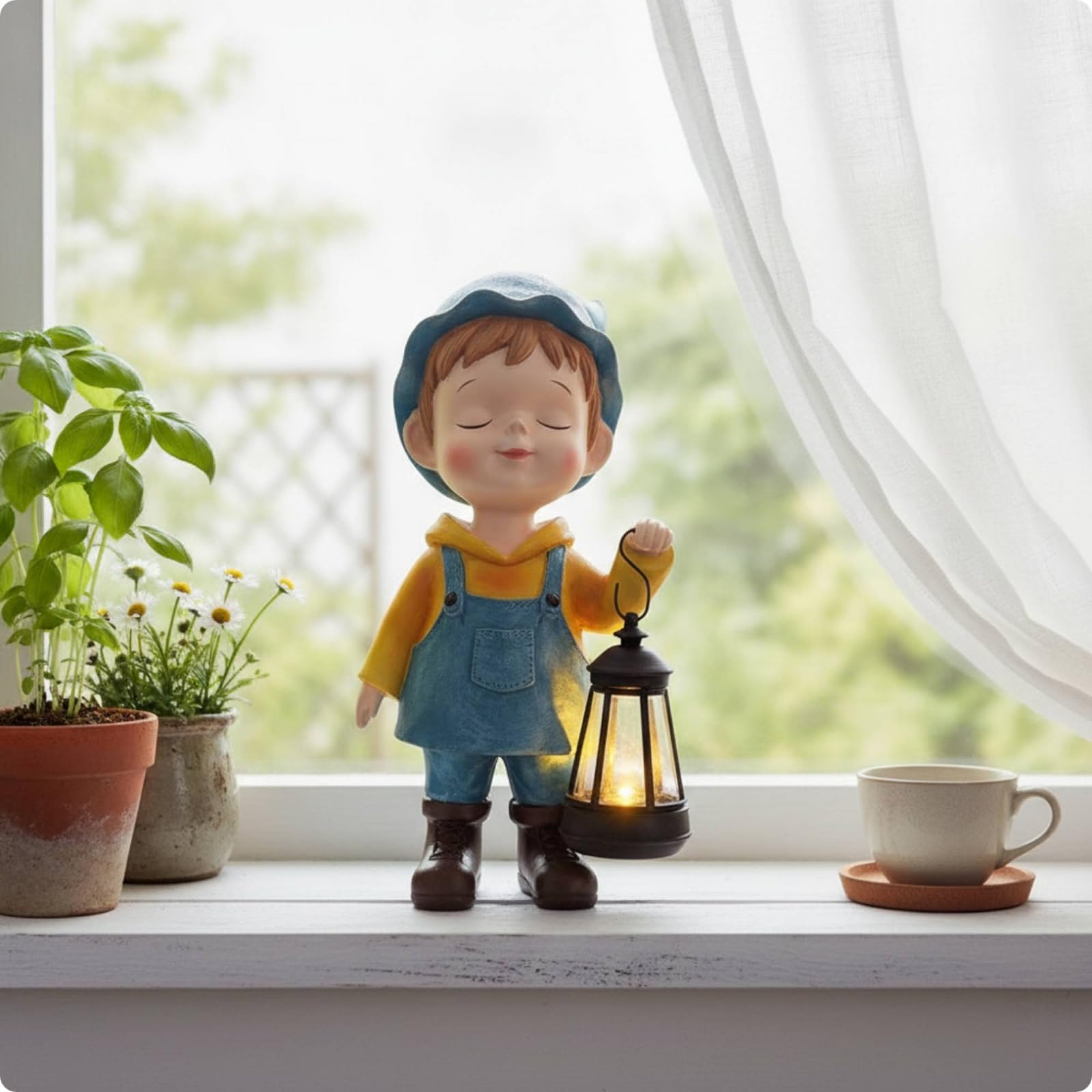 Statuetta con Lanterna Compatta Scultura, Stile Rustico Con Design A Forma Di Bambina Con Lanterna Decorativa