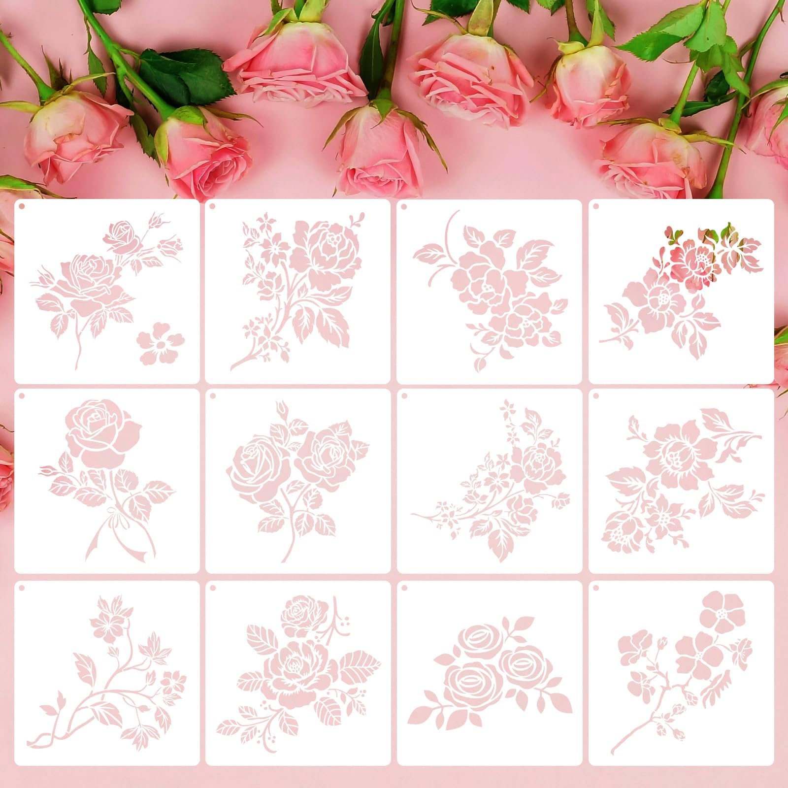 12 Pcs Rose Vine Flower Stencil Rose Cherry Blossom Templates,Reusable Floral Pattern Stencils for DIY Crafts Painting on Wood Floor Wall Home Decor 20 x 20 cm