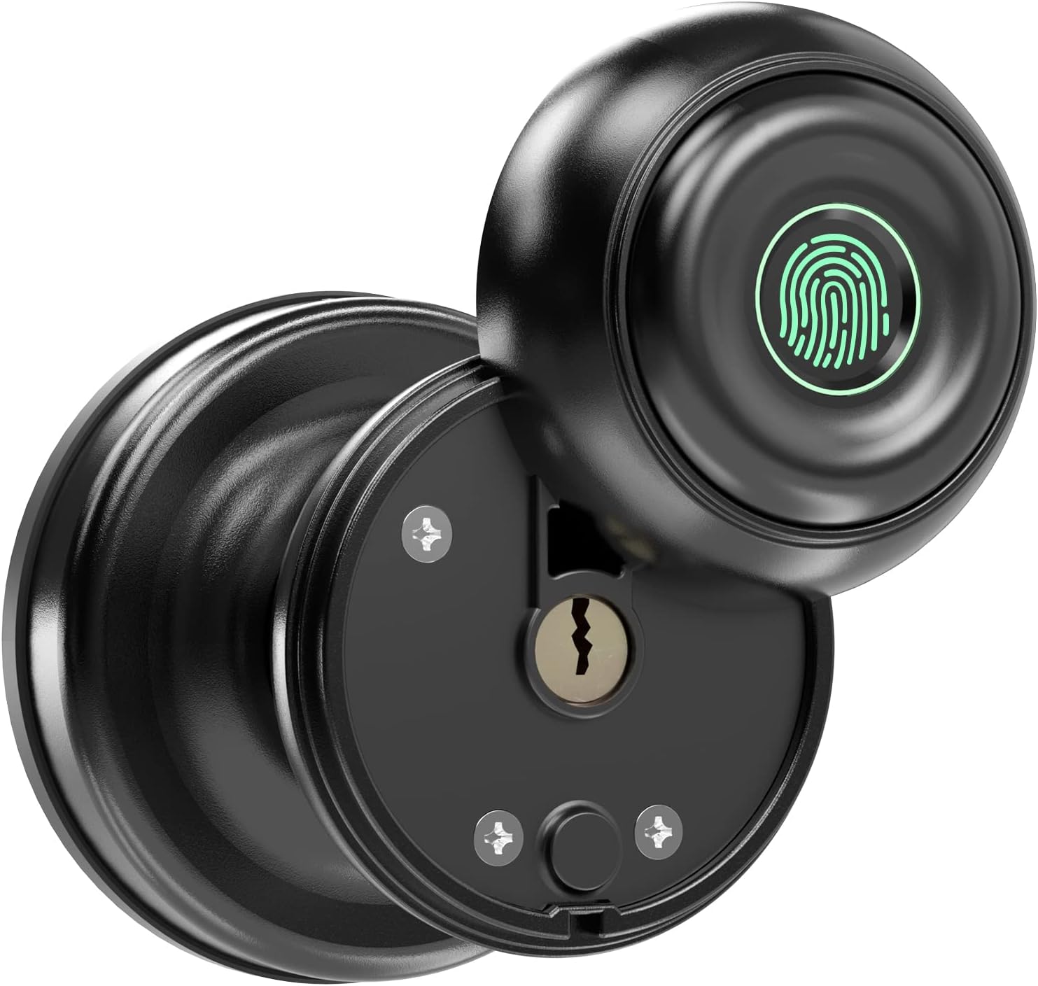 GeekTale Solid Round Door Knob with App Black Fingerprint Door Knob