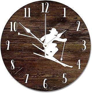 ArogGeld Skier Wall Clock Ski Lodge Wood Clock 10 Inch Silent Non-Ticking Wooden Wall Clocks Battery Operated Living Room Bedroom Kitchen Farmhouse Decor Christmas Birthday Gift