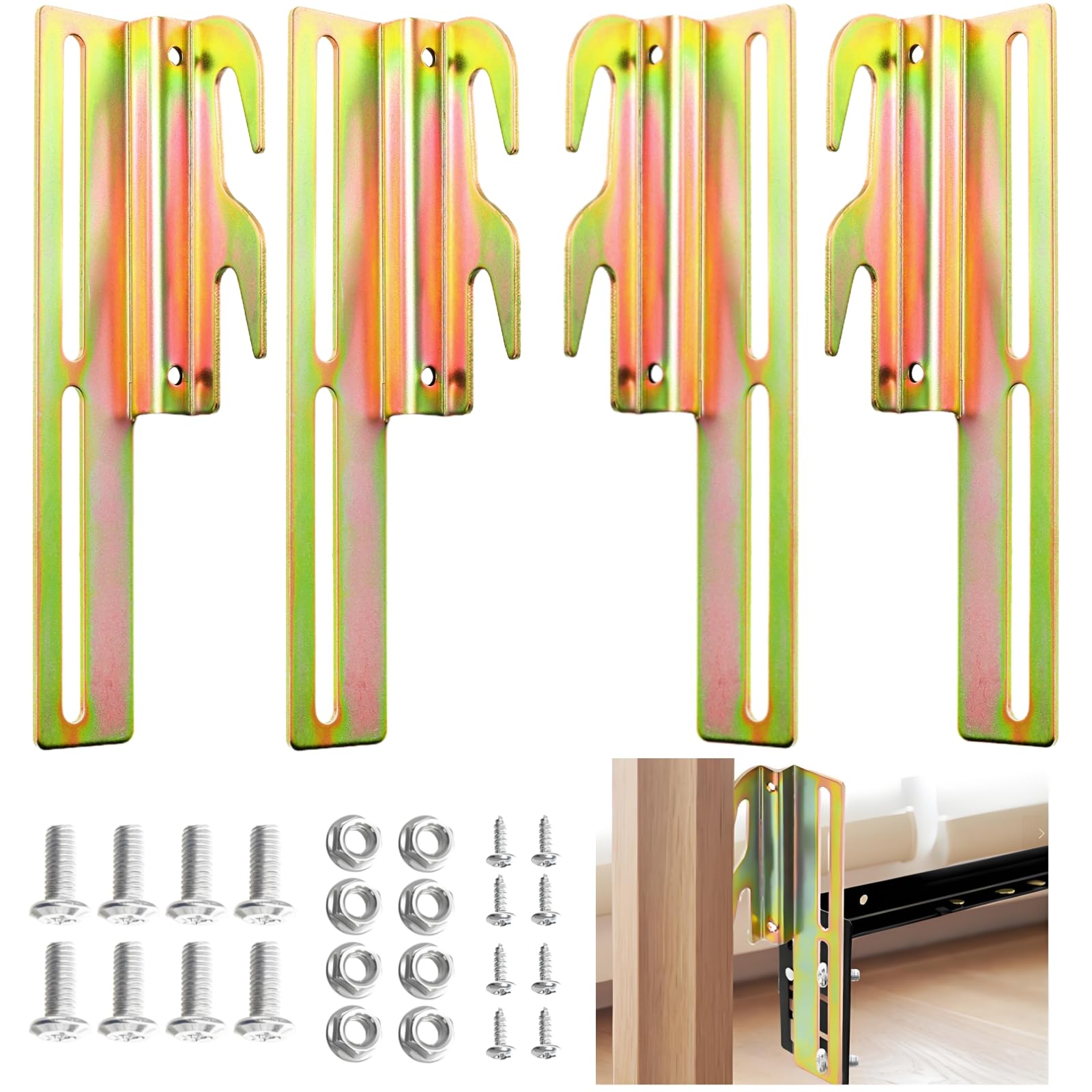 Acshio Set of 4 Bed Frame Conversion Brackets, Bolt On to Hook On Headboard Adapter Brackets, Adjustable Bed Rail Hook Plate Adapter Headboard