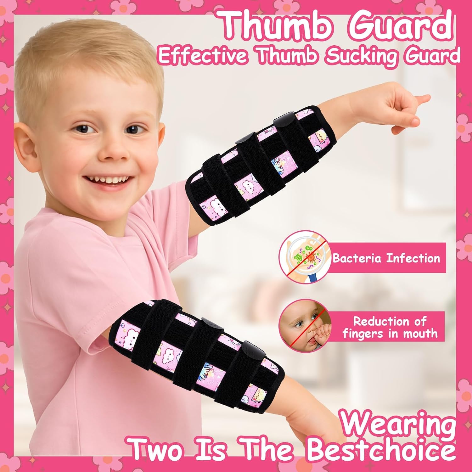 2 PCS Thumb Sucking Deterrent, Pink Clouds Thumb Guard for Kids Toddlers Nail Biting Treatment, Anti Nose Picking, Scratching Face, Elbow Immobilizer for Boys Girls, Finger Sucking Prevention image 5