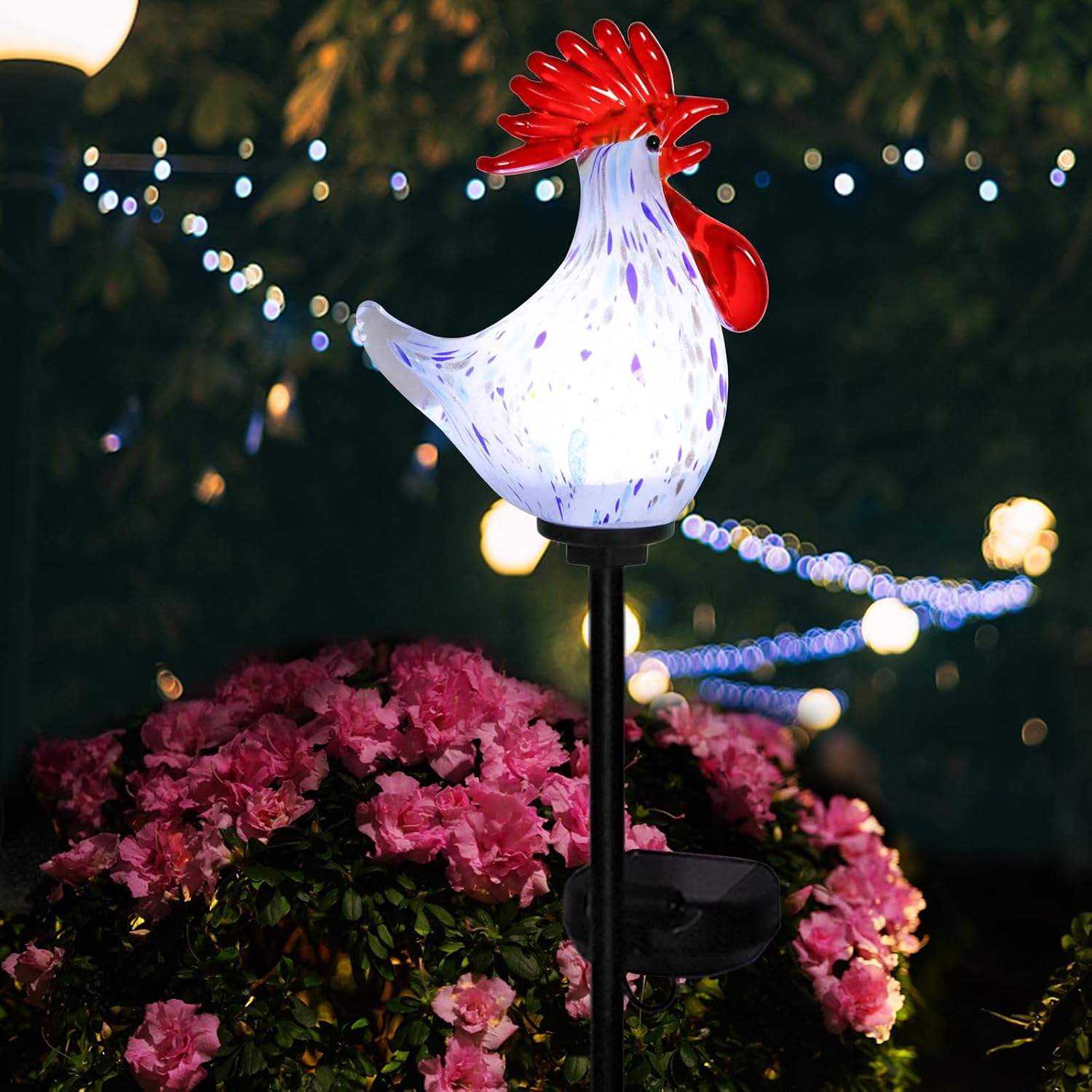 Afirst Decorative Solar Lights Outdoor Solar Rooster Stake Lights Hand Blown Glass Decorative Garden Pathway Lights Outdoor Waterproof Glass Stakes