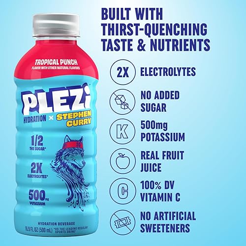 Miniatura 4 de PLEZi Tropical Punch - Bebida de hidratación x Stephen Curry - Bebidas deportivas con 2 electrolitos - 500 mg de potasio, baja en azúcar, sin azúcar